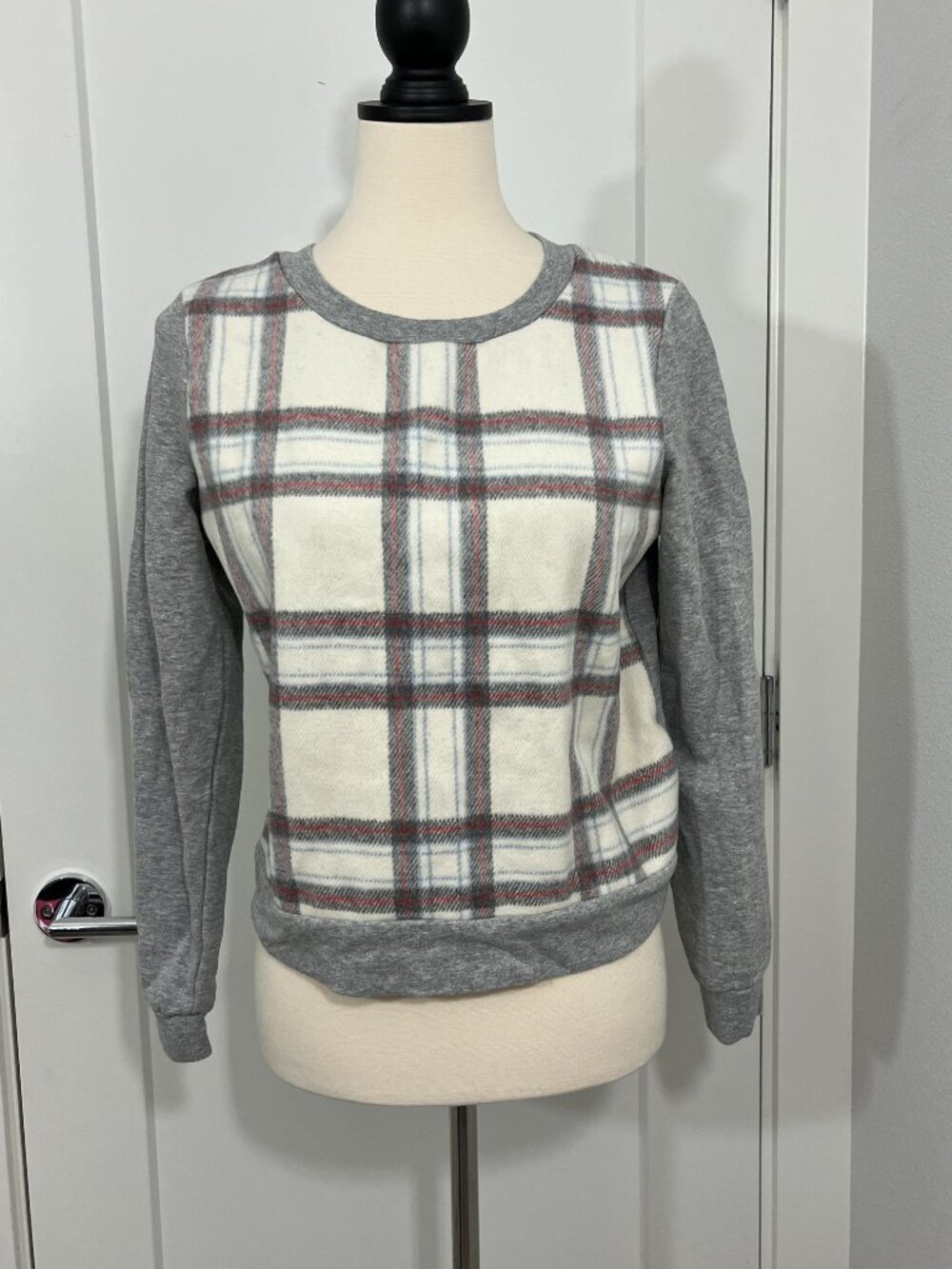 Saturday/Sunday (Anthropologie) Extra Small Plaid Mixed Media Sweatshirt Sweater